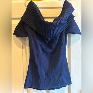 New York & Company Navy Blue Off-the-Shoulder Ribbed Sweater